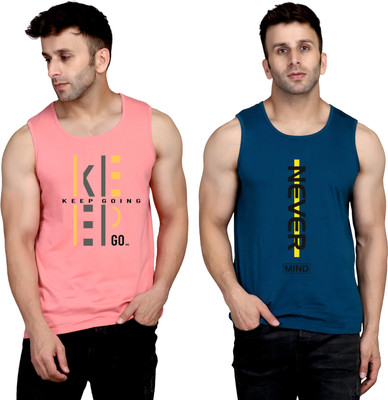 SLOWLORIS Printed Men Round Neck Pink, Dark Blue T-Shirt