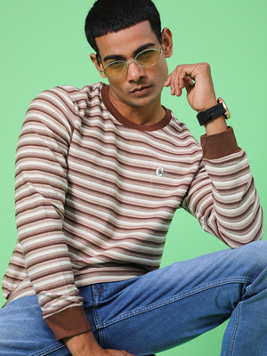 V-MART Striped Men Round Neck Brown T-Shirt