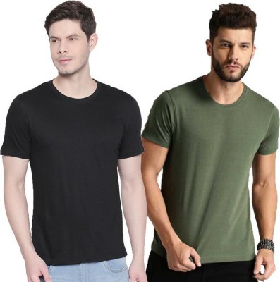 Organic Chics Solid Men Round Neck Black, Light Green T-Shirt