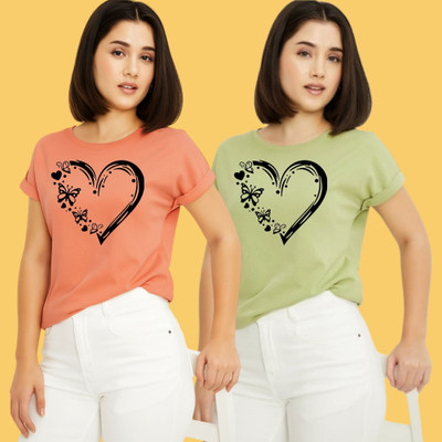 Kintu Parantu Printed Women Round Neck Pink, Green T-Shirt