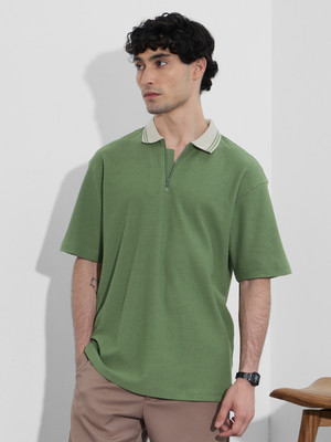The Souled Store Solid Men Polo Neck Green T-Shirt