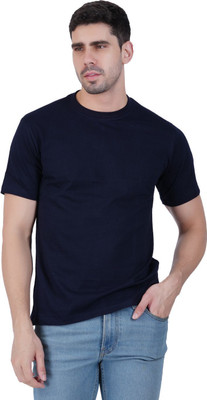 TEXERCISE Solid Men Round Neck Navy Blue T-Shirt
