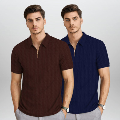 BROWEARS Self Design Men Zip Neck Blue, Maroon T-Shirt