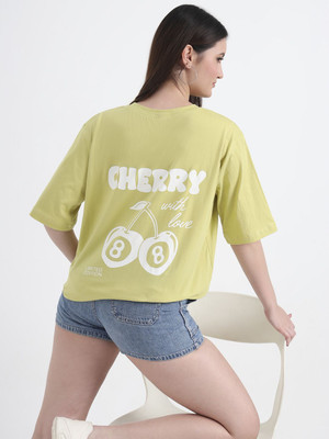 CHARMGAL Graphic Print, Solid Women Round Neck Light Green T-Shirt