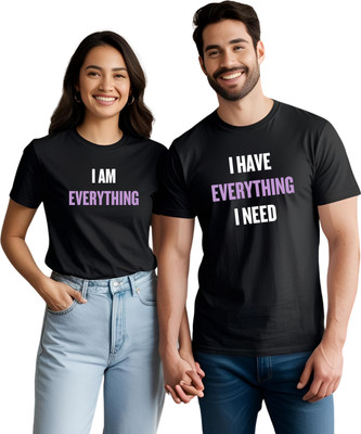 KART BLACK Self Design Couple Round Neck Grey T-Shirt