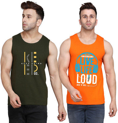 SLOWLORIS Printed Men Scoop Neck Orange, Dark Green T-Shirt