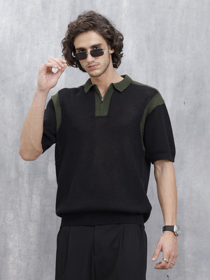 WROGN Solid Men Polo Neck Blue T-Shirt