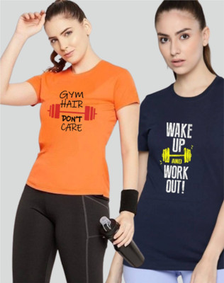 SPOWEARY Printed, Typography Women Round Neck Orange, Navy Blue T-Shirt