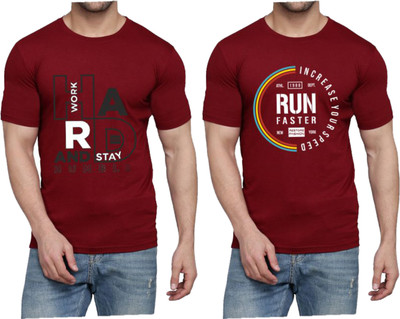 WOOSTRO Printed Men Round Neck Maroon T-Shirt