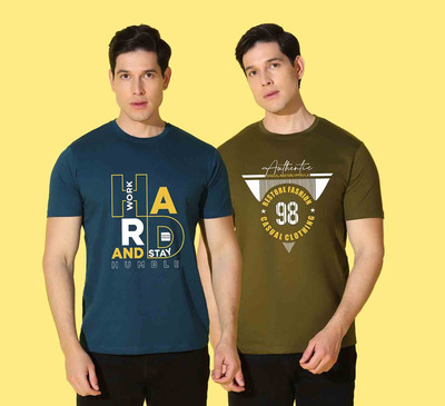 WOOSTRO Typography Men Round Neck Green, Blue T-Shirt