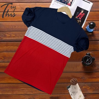 Try This Striped Men Round Neck Red T-Shirt