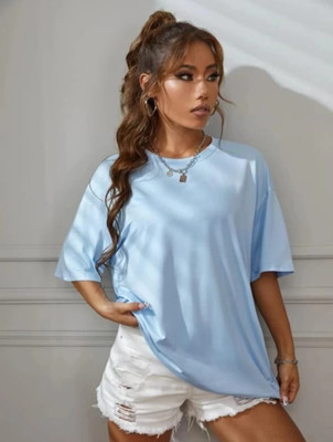 Pwexz Solid Women Round Neck Blue T-Shirt