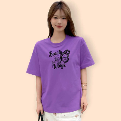 Fluffy Enterprises Printed Women Round Neck Purple T-Shirt
