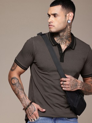 WROGN Solid Men Polo Neck Brown T-Shirt