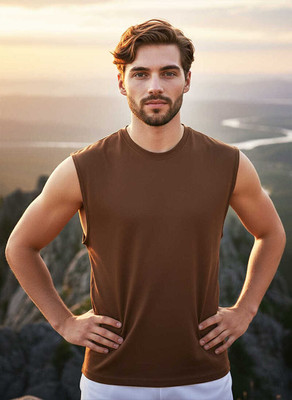 LIME Solid Men Round Neck Brown T-Shirt