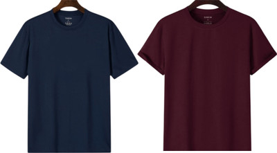 P collection Solid Men Round Neck Navy Blue, Maroon T-Shirt