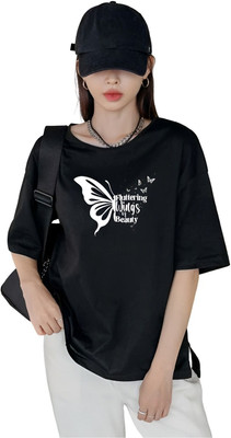 FLUFFYY ENTERPRISE Printed Women Round Neck Black T-Shirt