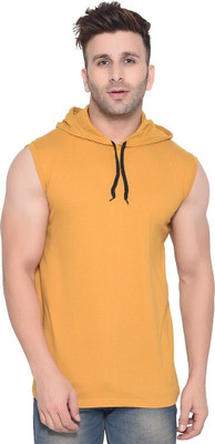 GEUM Solid Men Hooded Neck Gold T-Shirt