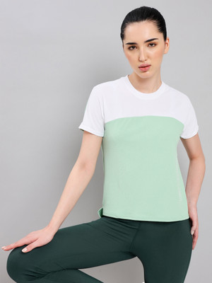 TECHNOSPORT Colorblock Women Round Neck Green T-Shirt