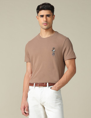 U.S. POLO ASSN. Solid Men Crew Neck Brown T-Shirt