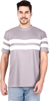 TEEMEX Striped Men Round Neck Grey T-Shirt