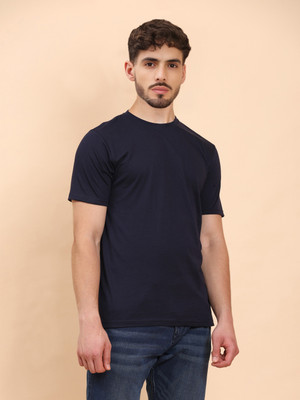 METRONAUT Solid Men Round Neck Navy Blue T-Shirt