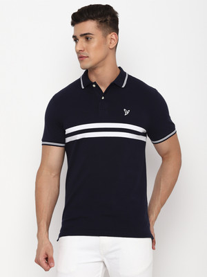 American Eagle Outfitters Striped Men Polo Neck Blue T-Shirt