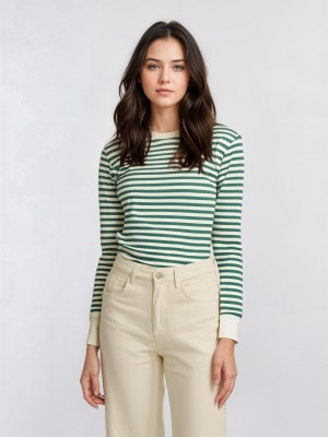 MACK JONNEY Striped Women Round Neck Green T-Shirt