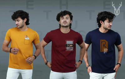 t-hustler Graphic Print Men Round Neck Navy Blue, Yellow, Maroon T-Shirt