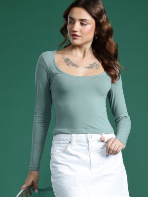 Dressberry Solid Women Scoop Neck Green T-Shirt