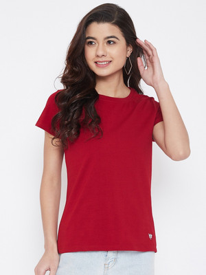 Camey Solid Women Round Neck Maroon T-Shirt
