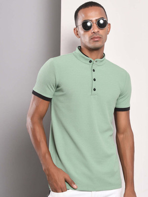 TANDUL Solid Men Mandarin Collar Green T-Shirt