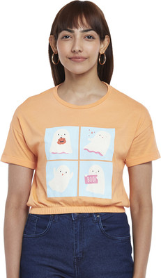 PEOPLE Printed Women Round Neck Brown T-Shirt