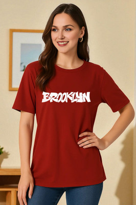Elvia Printed Women Round Neck Maroon T-Shirt