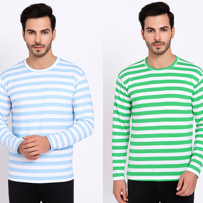 cnw Striped Men Round Neck Light Blue, Green T-Shirt