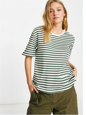 MACK JONNEY Striped Women Round Neck Green T-Shirt