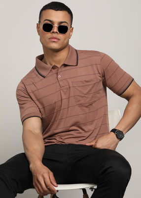 INKKR Striped Men Polo Neck Pink T-Shirt