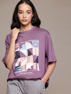Roadster Printed Women Round Neck Purple T-Shirt