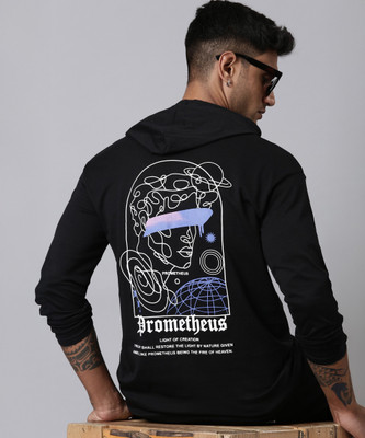 LEWEL Graphic Print Men Hooded Neck Black T-Shirt