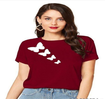 SAHAL Printed Women Round Neck Maroon T-Shirt