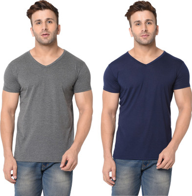 Moordale Fab Solid Men V Neck Grey, Blue T-Shirt