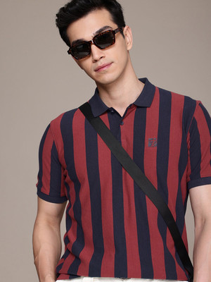 WROGN Striped Men Polo Neck Maroon T-Shirt