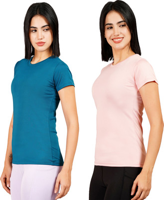 Kyk Solid Women Round Neck Dark Green, Pink T-Shirt