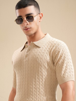 HIGHLANDER Self Design Men Polo Neck Beige T-Shirt