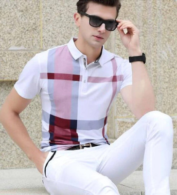 Autna Checkered Men Polo Neck Maroon, White T-Shirt