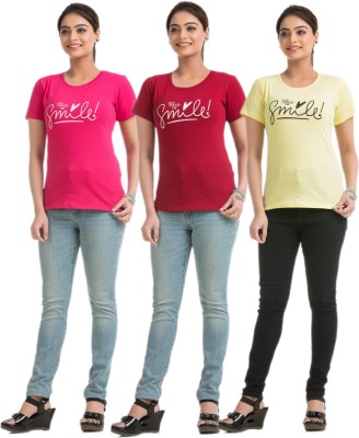 STYLE AK Printed Women Round Neck Pink, Maroon, Yellow T-Shirt