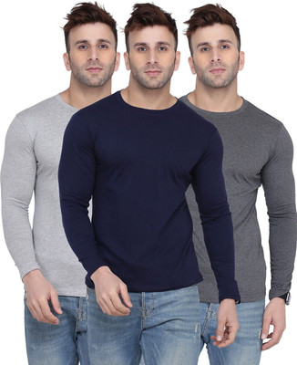 Kroptee Solid Men Round Neck Dark Blue, Grey, Black T-Shirt