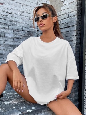 R Heaven Fashions Solid Women Round Neck White T-Shirt