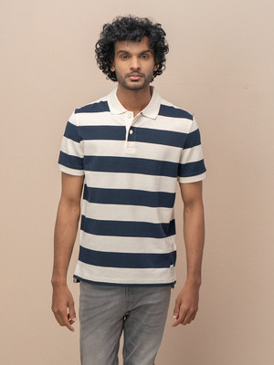 Unibro Striped Men Polo Neck Navy Blue T-Shirt