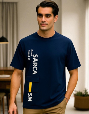 FASHIUM Printed Men Round Neck Navy Blue T-Shirt